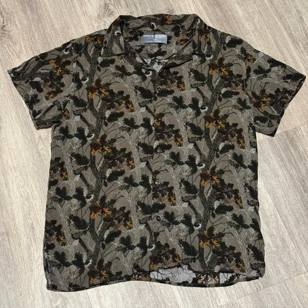 Eighth Avenue Camp Shirt Tree Print Casual Short‎ Sleeve Button Up Top